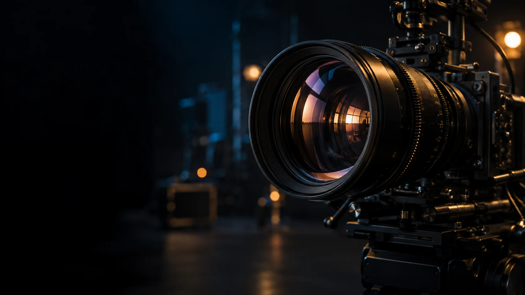 Cinematic close-up of a camera lens catching warm studio light